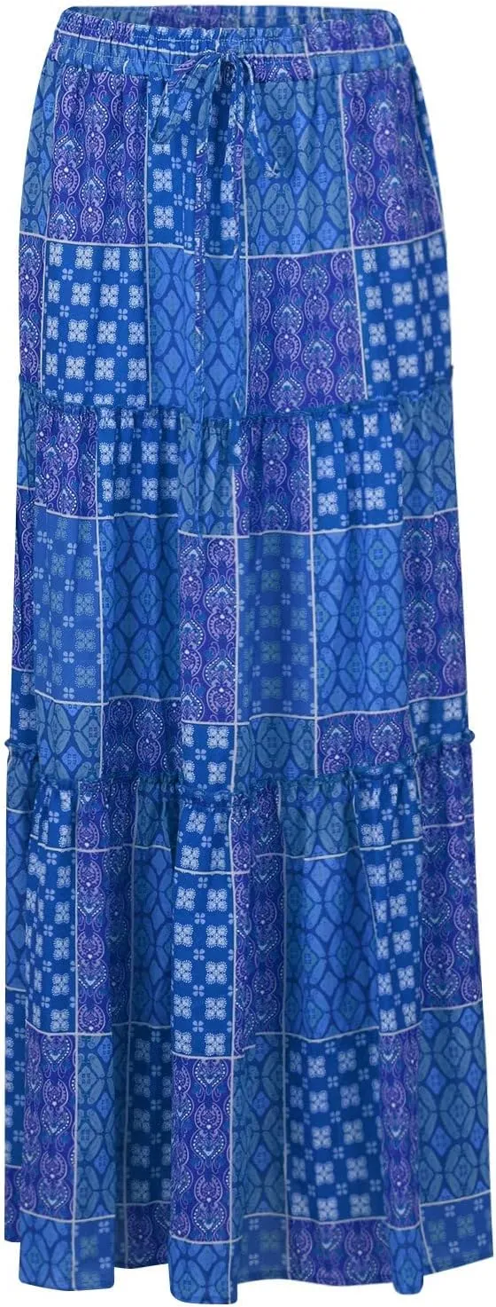 ADHOWBEW Boho Skirts for Women Floral Print African Cotton High Waist Smocked Sexy Beach Skirts