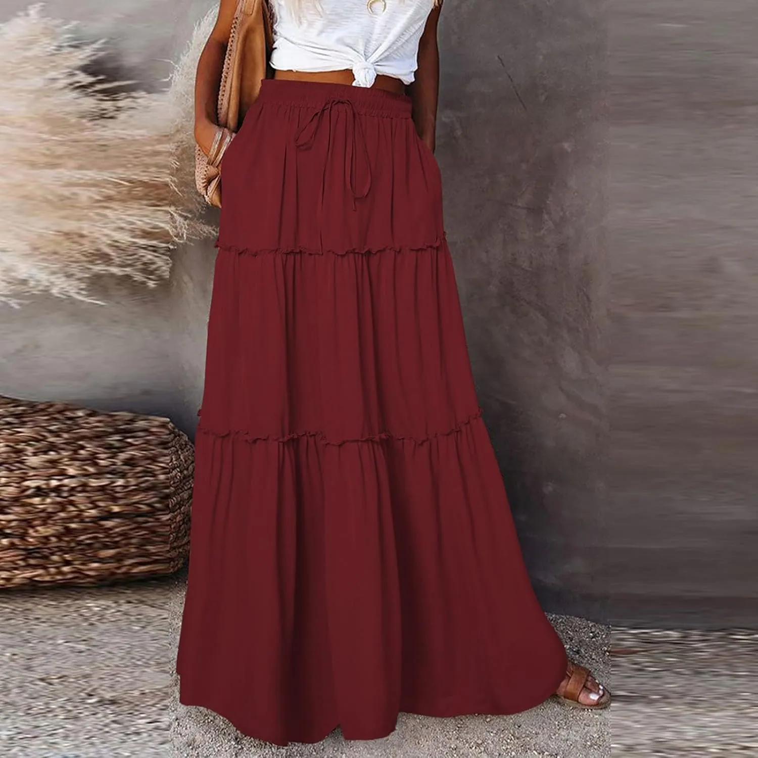 ADHOWBEW Boho Skirts for Women Floral Print African Cotton High Waist Smocked Sexy Beach Skirts