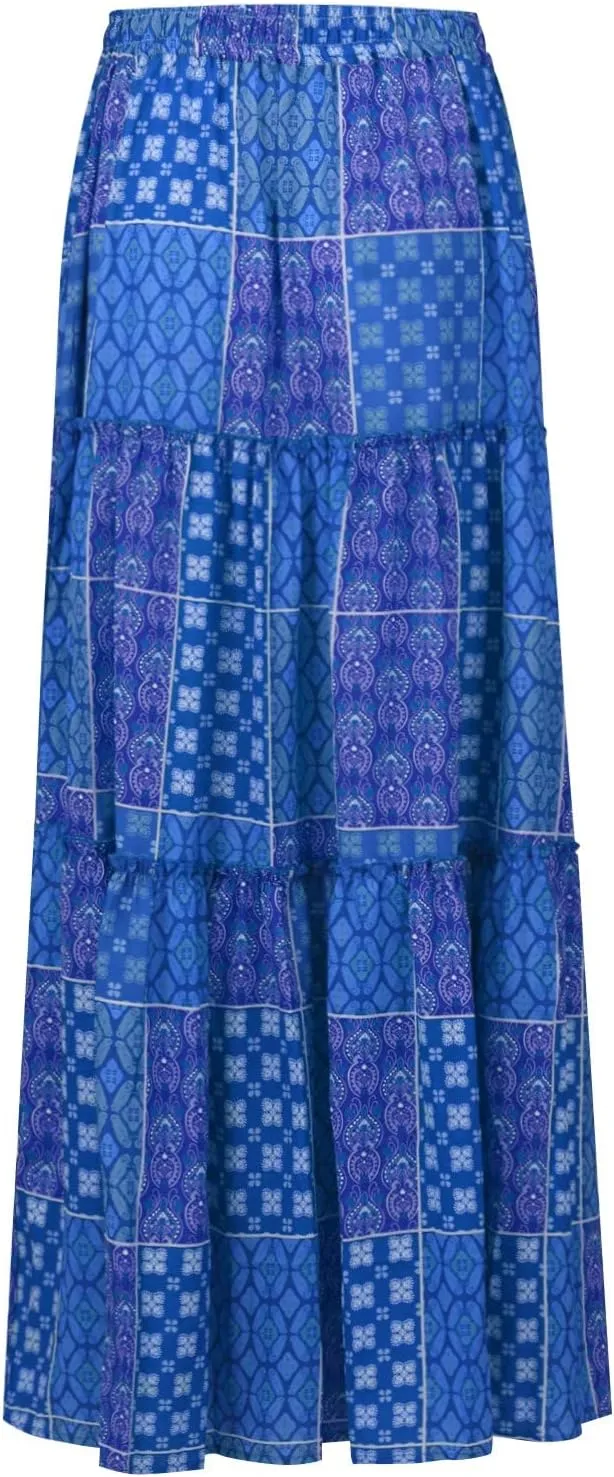 ADHOWBEW Boho Skirts for Women Floral Print African Cotton High Waist Smocked Sexy Beach Skirts