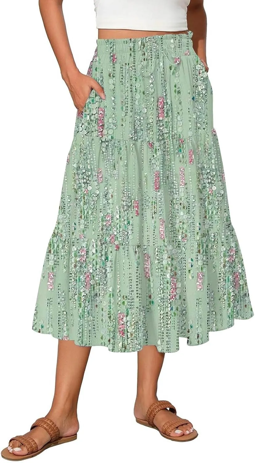 ADHOWBEW Maxi Skirts for Women Summer Beach Cotton Casual Floral Print Trendy Smocked High Waist Skirts