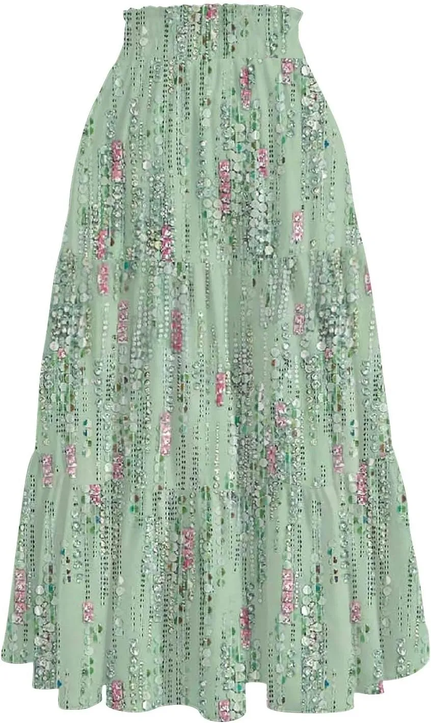 ADHOWBEW Maxi Skirts for Women Summer Beach Cotton Casual Floral Print Trendy Smocked High Waist Skirts