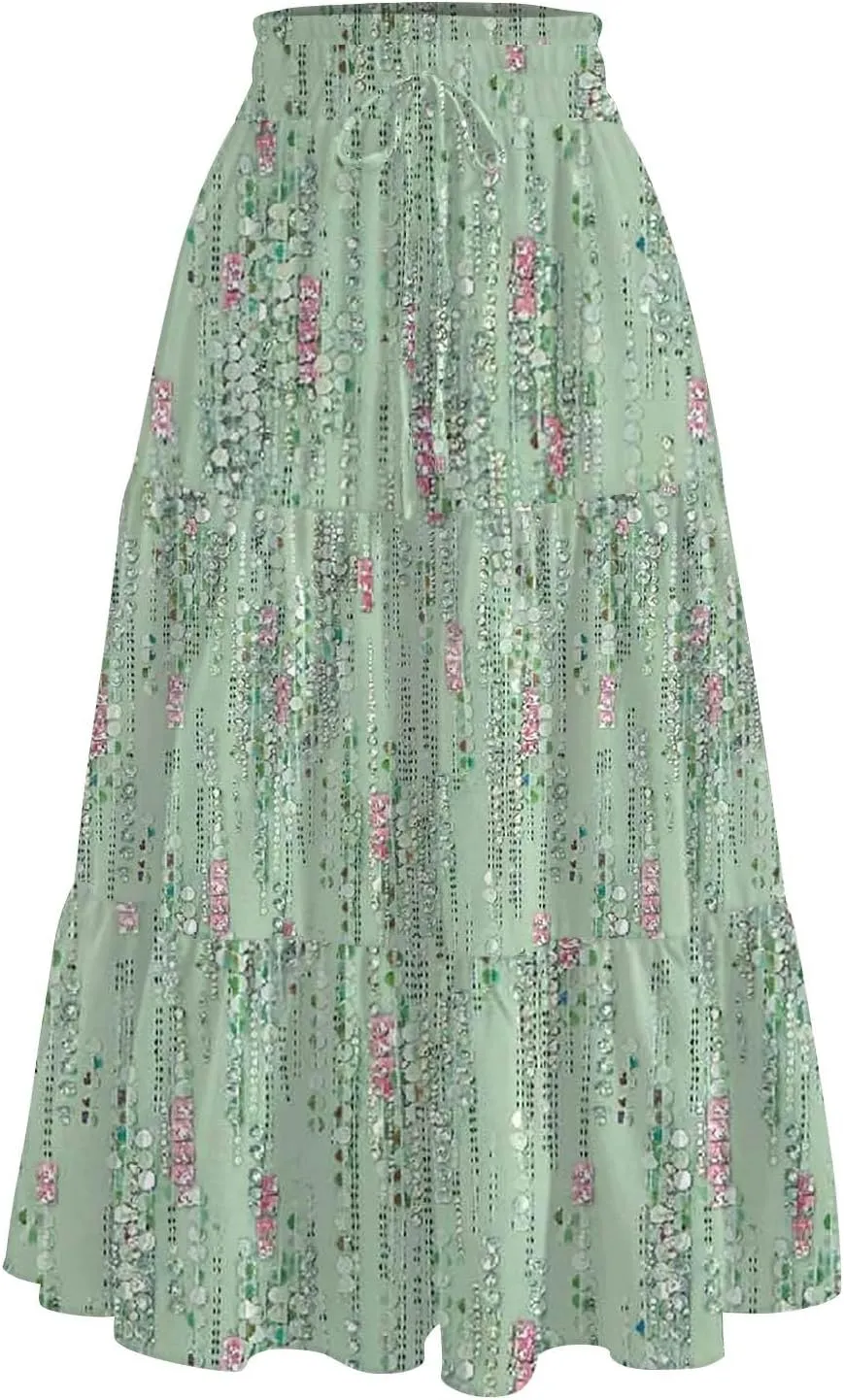 ADHOWBEW Maxi Skirts for Women Summer Beach Cotton Casual Floral Print Trendy Smocked High Waist Skirts
