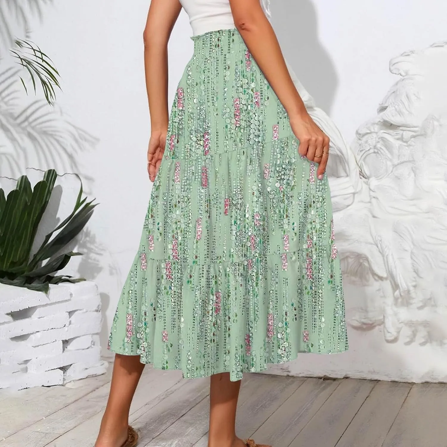 ADHOWBEW Maxi Skirts for Women Summer Beach Cotton Casual Floral Print Trendy Smocked High Waist Skirts