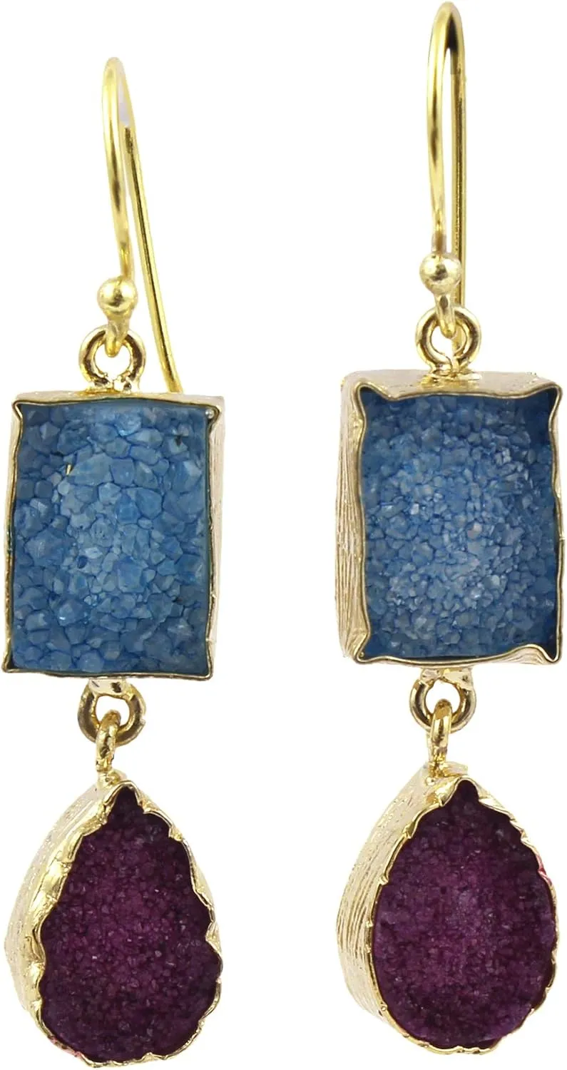 Agate Druzy Gold Plated Dangle Hook Earrings | Amazing Handmade Gemstone Earring | Sugar Druzy Rectangle & Pear Gift For Her Earring Jewelry 1233)8