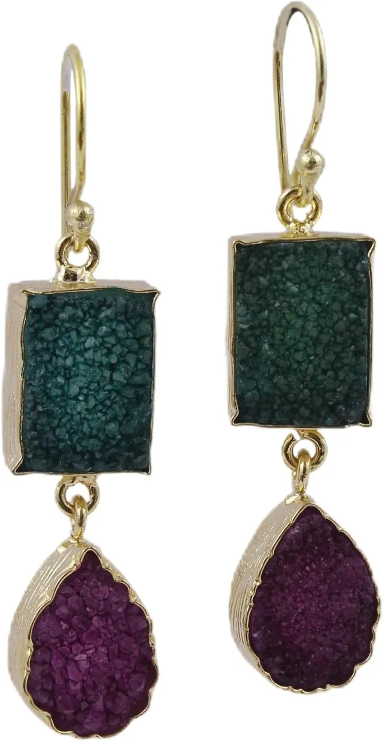 Agate Druzy Gold Plated Dangle Hook Earrings | Handmade Gemstone Earring | Sugar Druzy Rectangle & Pear Gift For Her Earring Jewelry 1233)4