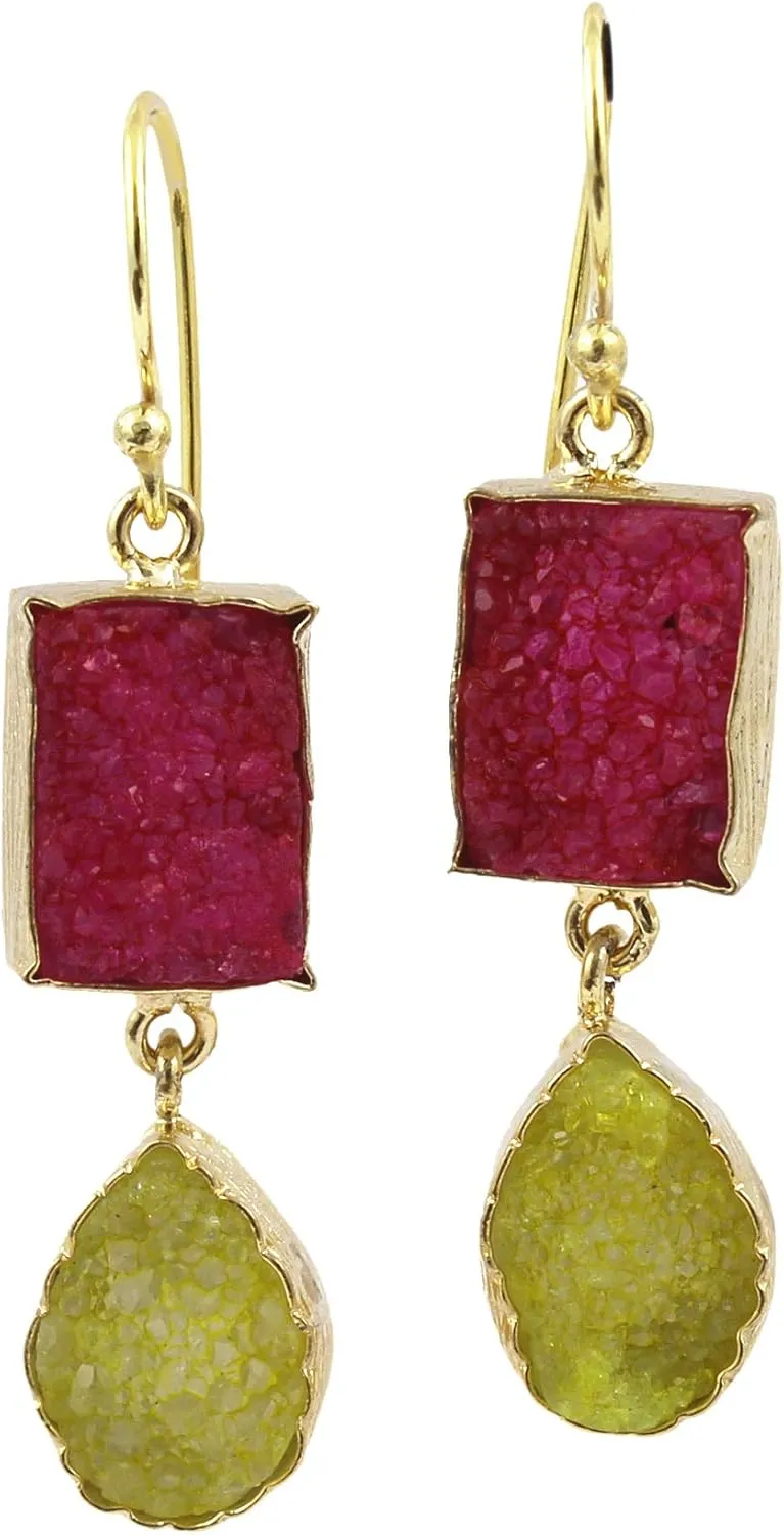 Agate Druzy Gold Plated Dangle Hook Earrings | Handmade Gemstone Earring | Sugar Druzy Rectangle & Pear Gift For Her Earring Jewelry 1233)7