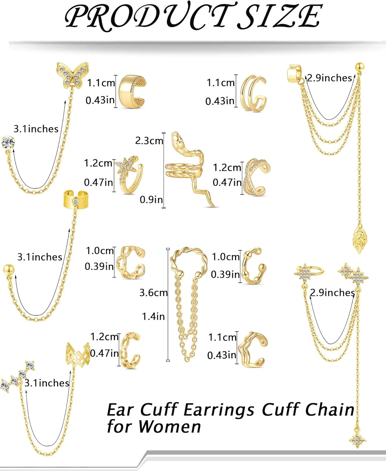 Akeoqi Ear Cuff Earrings for Women Stainless Steel Cuff Chain Drop Dangling Earrings Helix Cartilage Cuff Earring Non Pierced Adjustable Silver Gold Tone