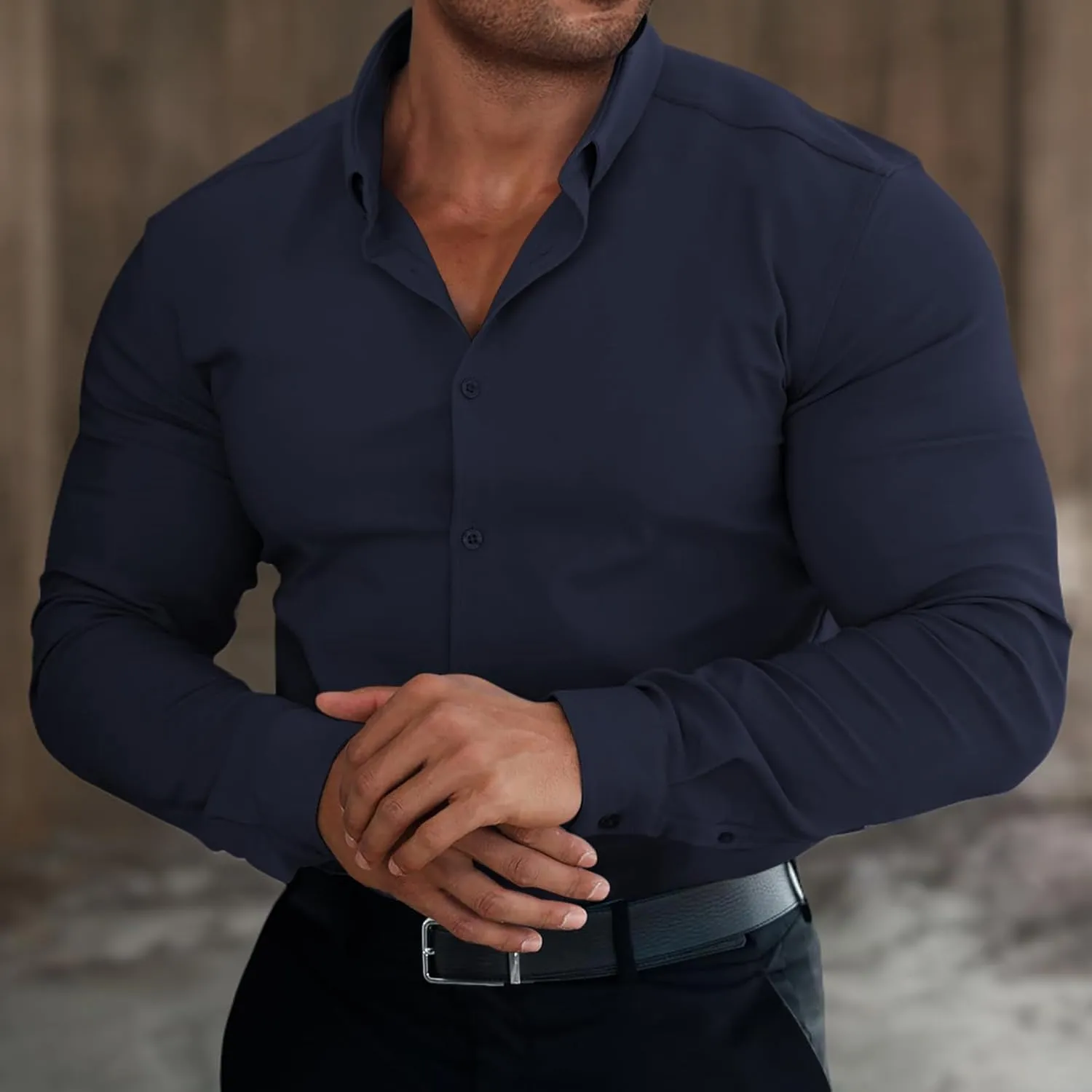 Alimens & Gentle Men's Dress Shirts Long Sleeve Wrinkle-Resistant Solid Stretch Button Down Shirt