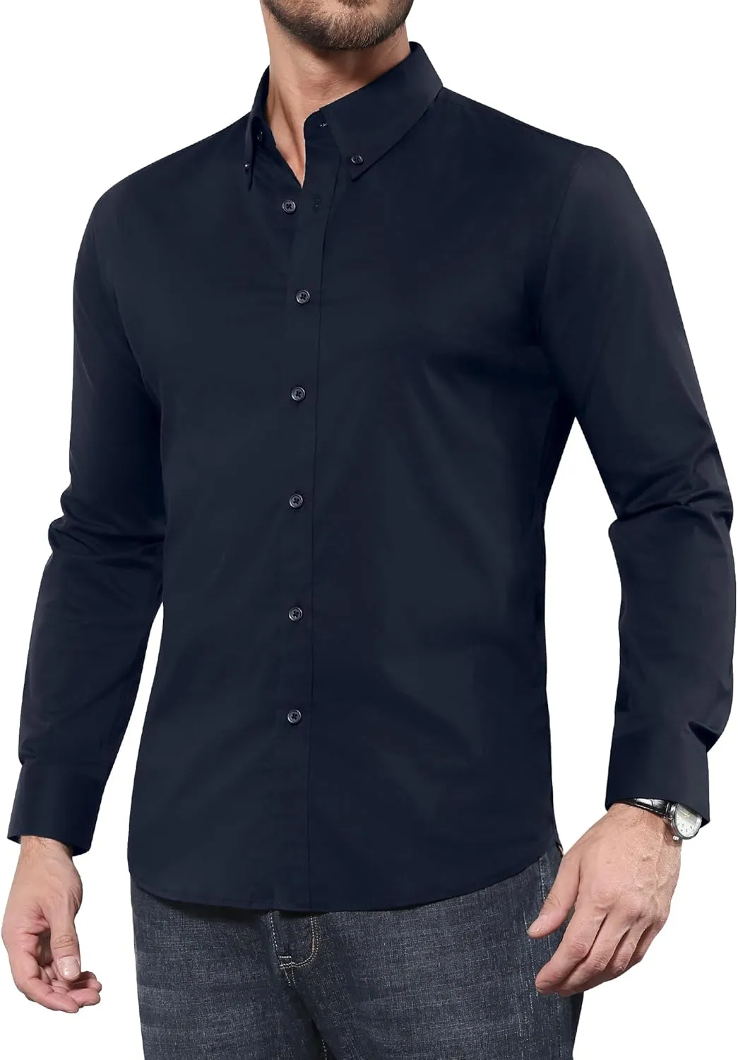 Alimens & Gentle Men's Dress Shirts Long Sleeve Wrinkle-Resistant Solid Stretch Button Down Shirt