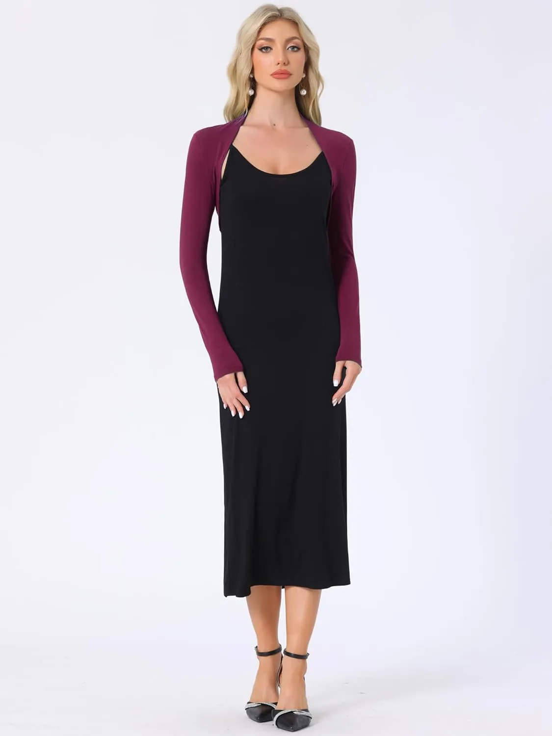Allegra K Elegant Shrugs for Women's Long Sleeve Cotton Knit Open Front Bolero Shrug