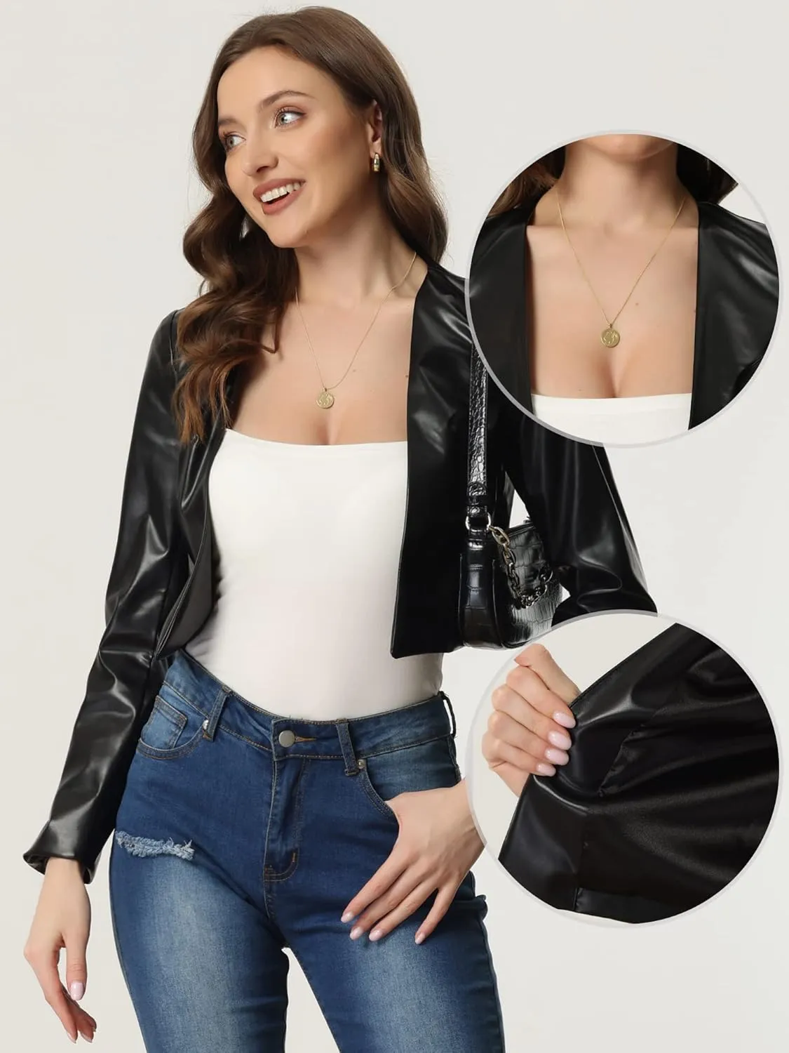 Allegra K Faux Leather Jacket for Women's Long Sleeve Short Coat Moto Biker Cropped PU Jackets