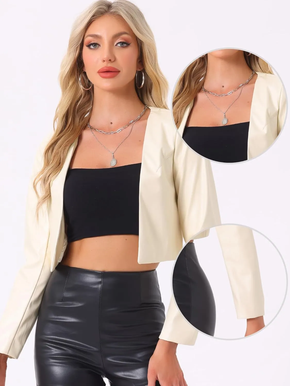 Allegra K Faux Leather Jacket for Women's Long Sleeve Short Coat Moto Biker Cropped PU Jackets