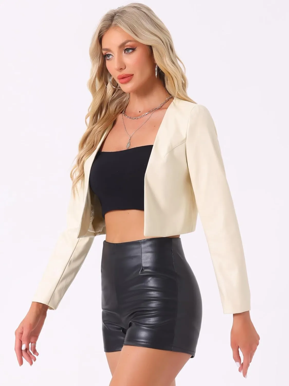 Allegra K Faux Leather Jacket for Women's Long Sleeve Short Coat Moto Biker Cropped PU Jackets