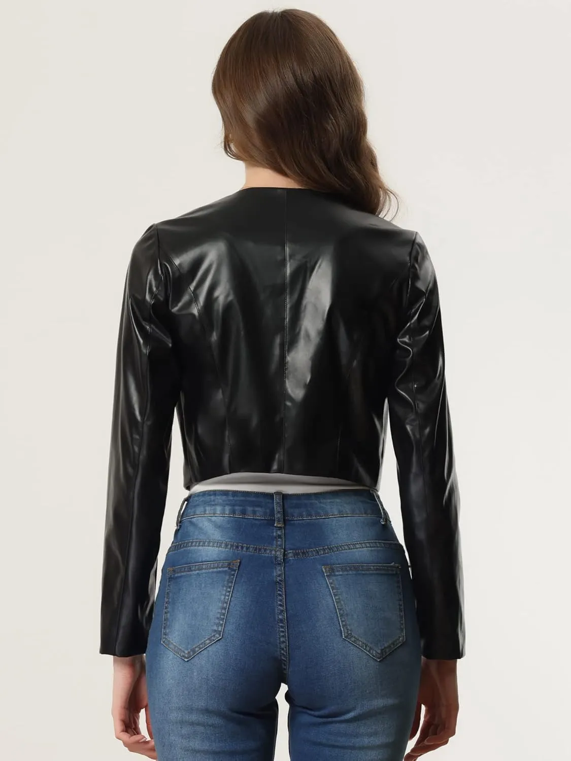 Allegra K Faux Leather Jacket for Women's Long Sleeve Short Coat Moto Biker Cropped PU Jackets