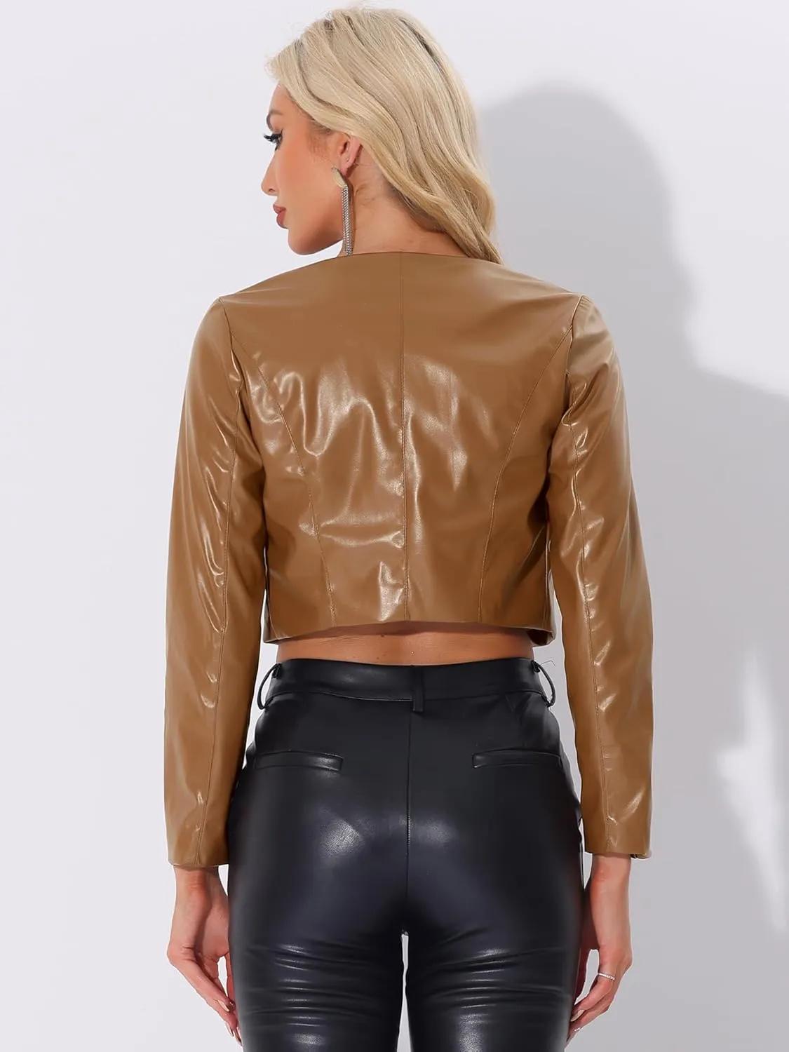 Allegra K Faux Leather Jacket for Women's Long Sleeve Short Coat Moto Biker Cropped PU Jackets