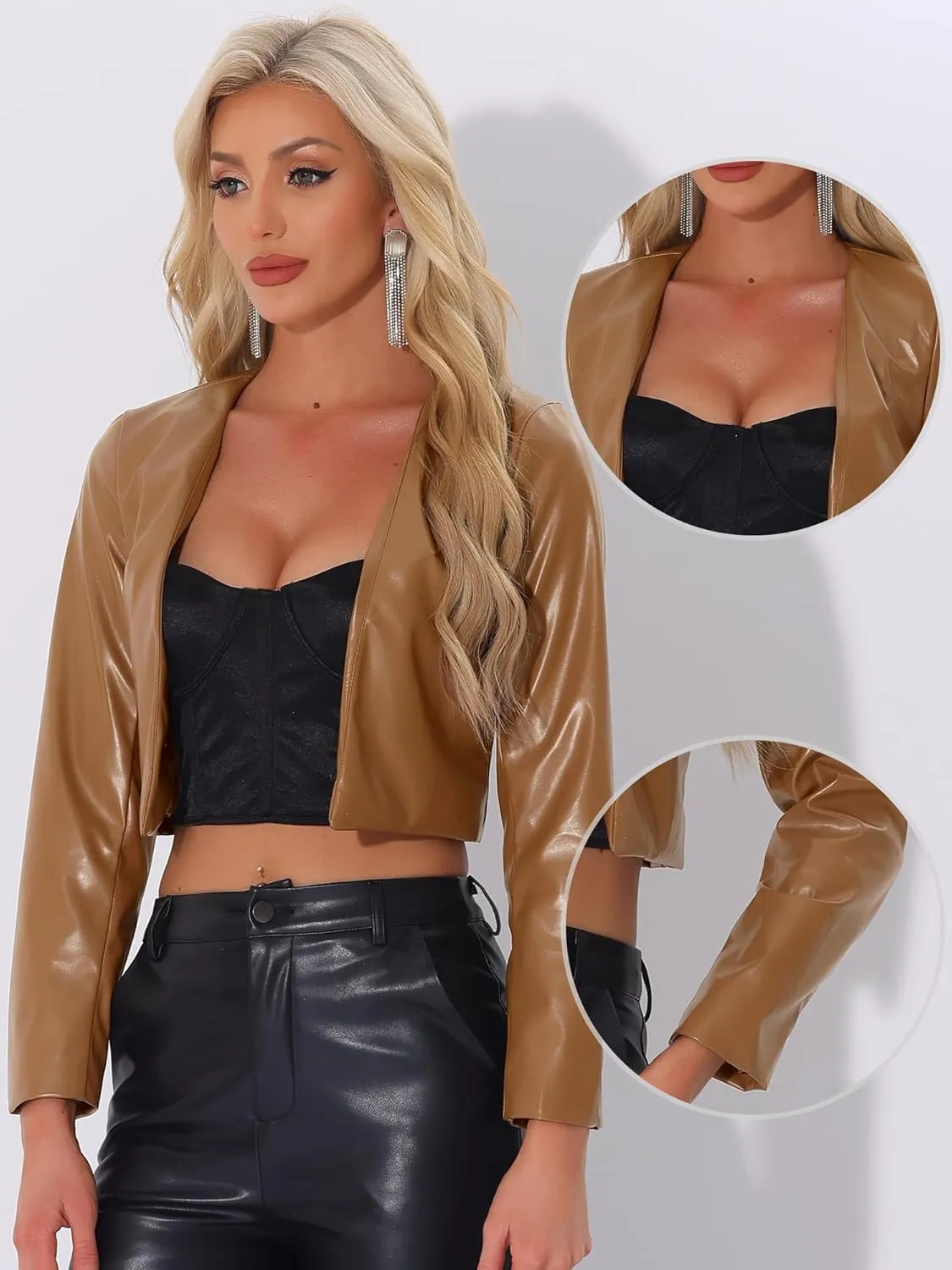 Allegra K Faux Leather Jacket for Women's Long Sleeve Short Coat Moto Biker Cropped PU Jackets