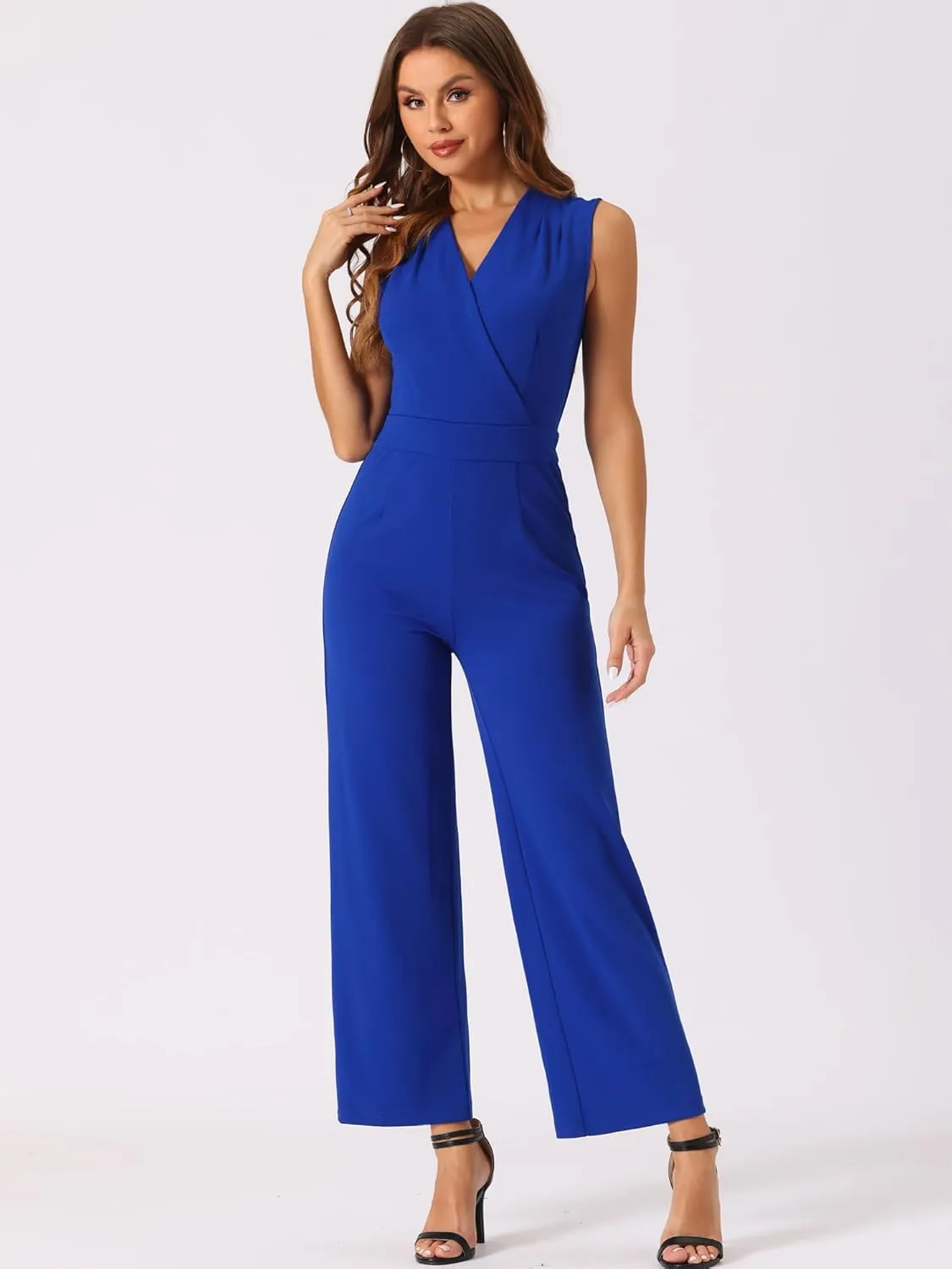 Allegra K Women's Elegant Jumpsuit V Neck Wrap Front High Waist Wide Leg Long Pants Jumpsuits