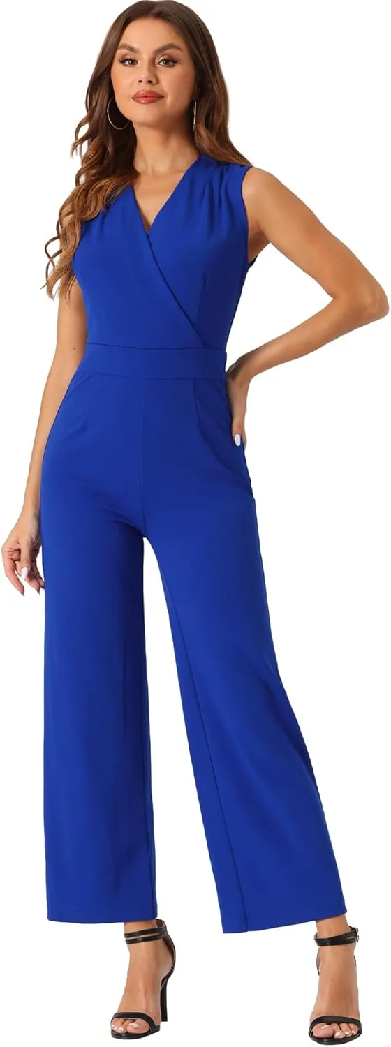 Allegra K Women's Elegant Jumpsuit V Neck Wrap Front High Waist Wide Leg Long Pants Jumpsuits
