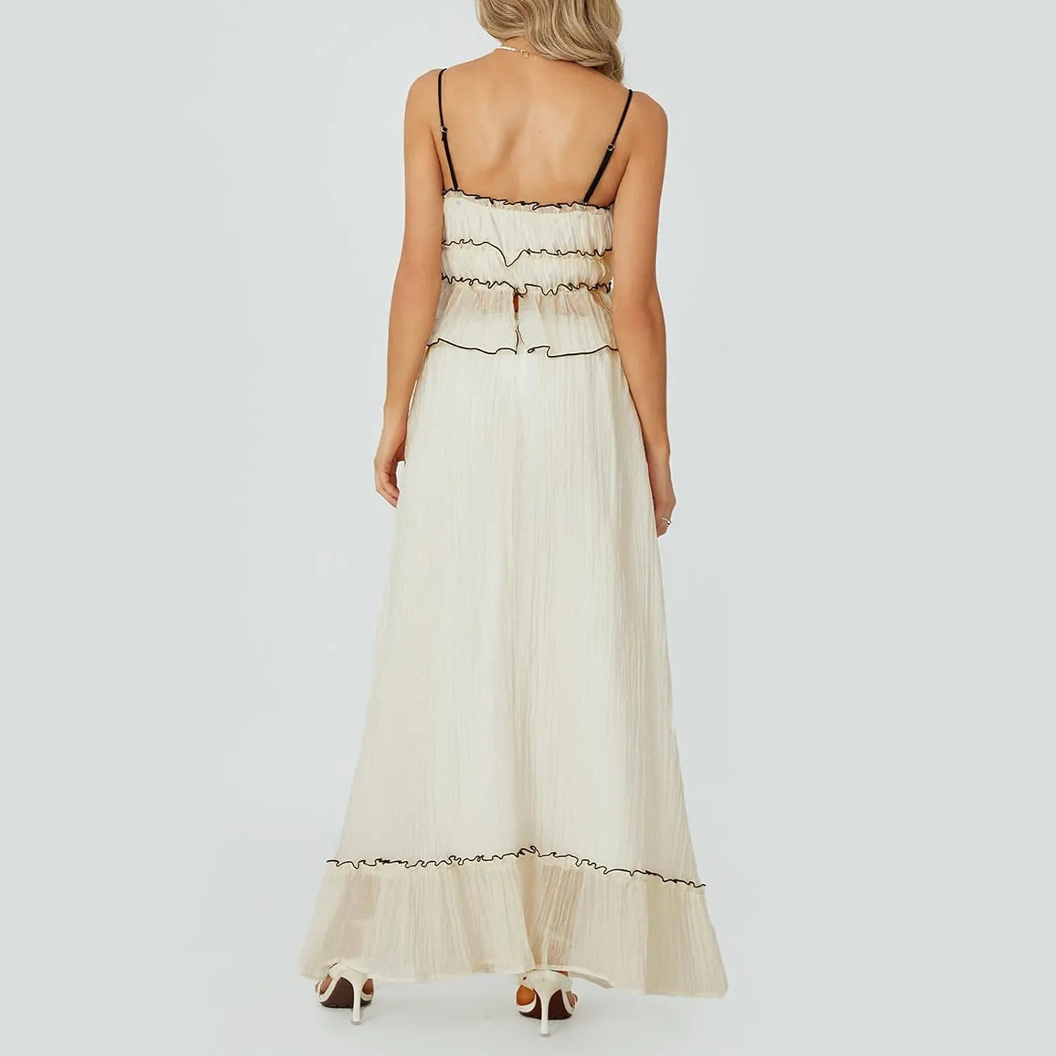 Amiblvowa Women Y2k 2 Piece Maxi Skirt Set Backless Smocked Lace Halter Crop Top Tiered Flowy Long Skirt Beach Clubwear