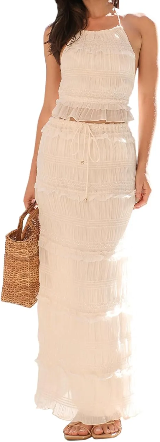Amiblvowa Women Y2k 2 Piece Maxi Skirt Set Backless Smocked Lace Halter Crop Top Tiered Flowy Long Skirt Beach Clubwear