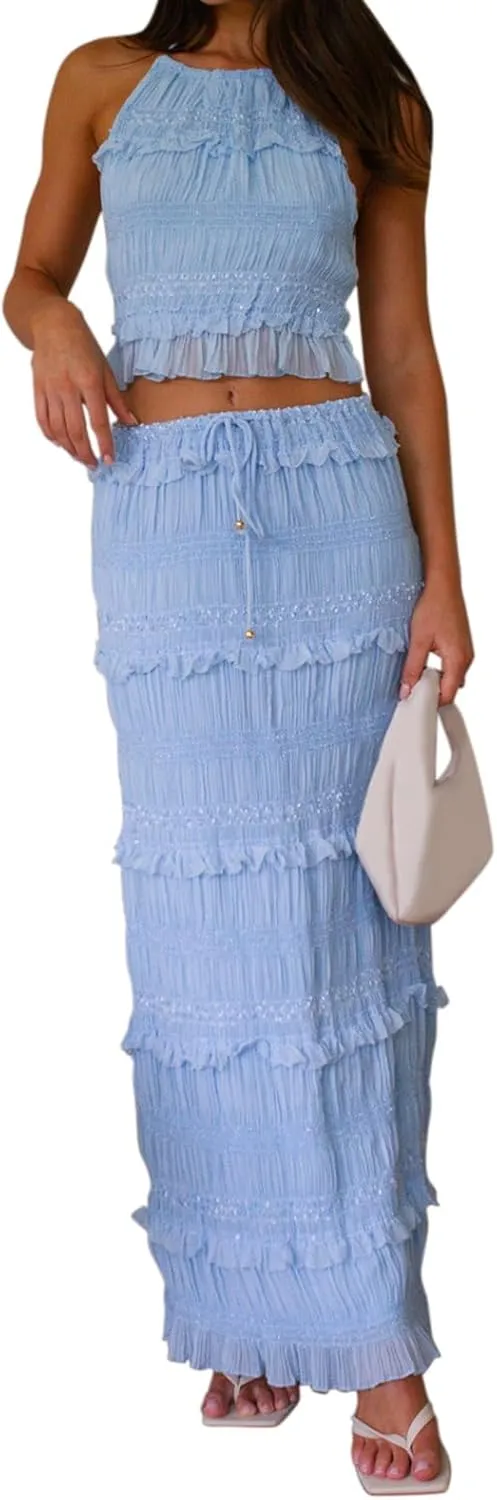 Amiblvowa Women Y2k 2 Piece Maxi Skirt Set Backless Smocked Lace Halter Crop Top Tiered Flowy Long Skirt Beach Clubwear