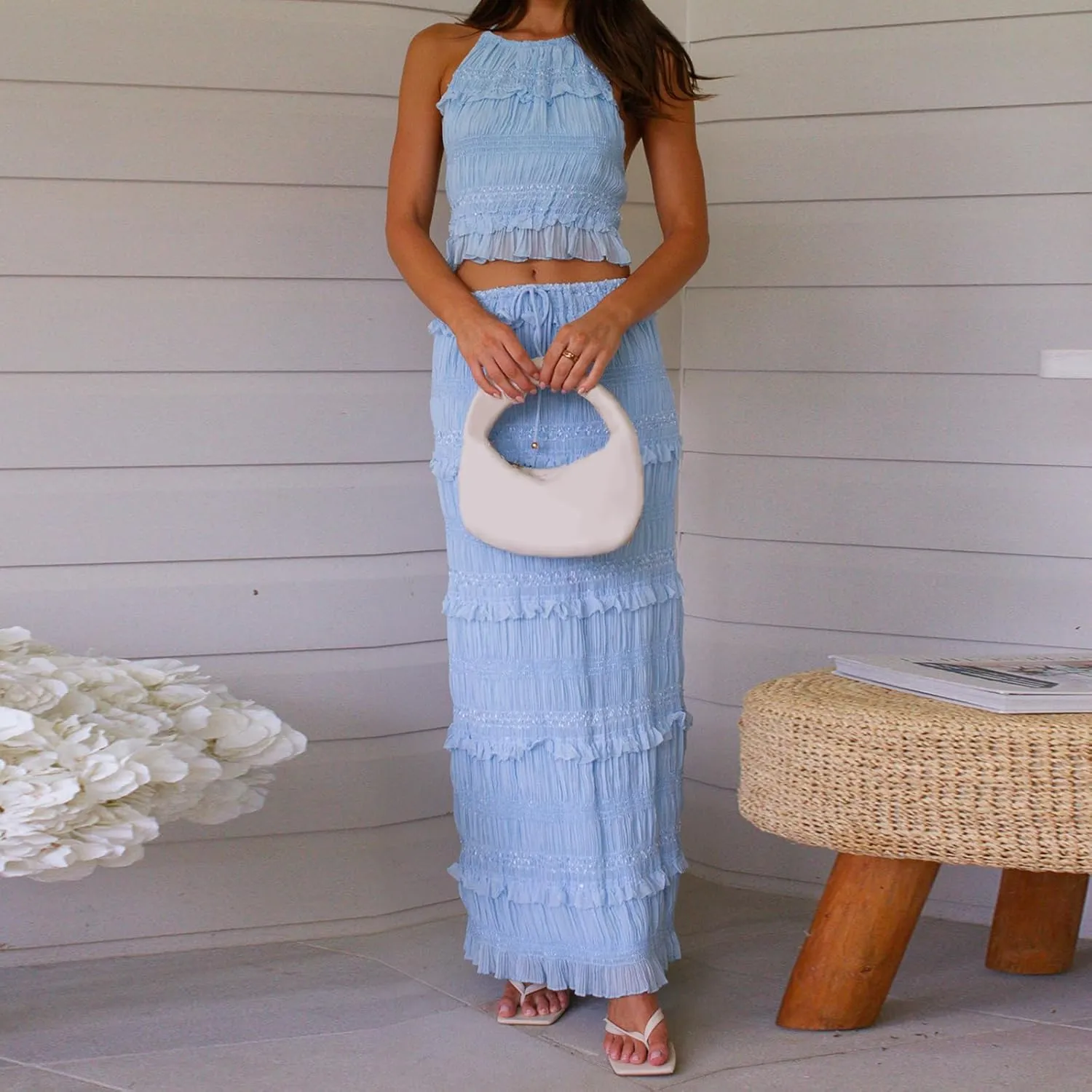 Amiblvowa Women Y2k 2 Piece Maxi Skirt Set Backless Smocked Lace Halter Crop Top Tiered Flowy Long Skirt Beach Clubwear