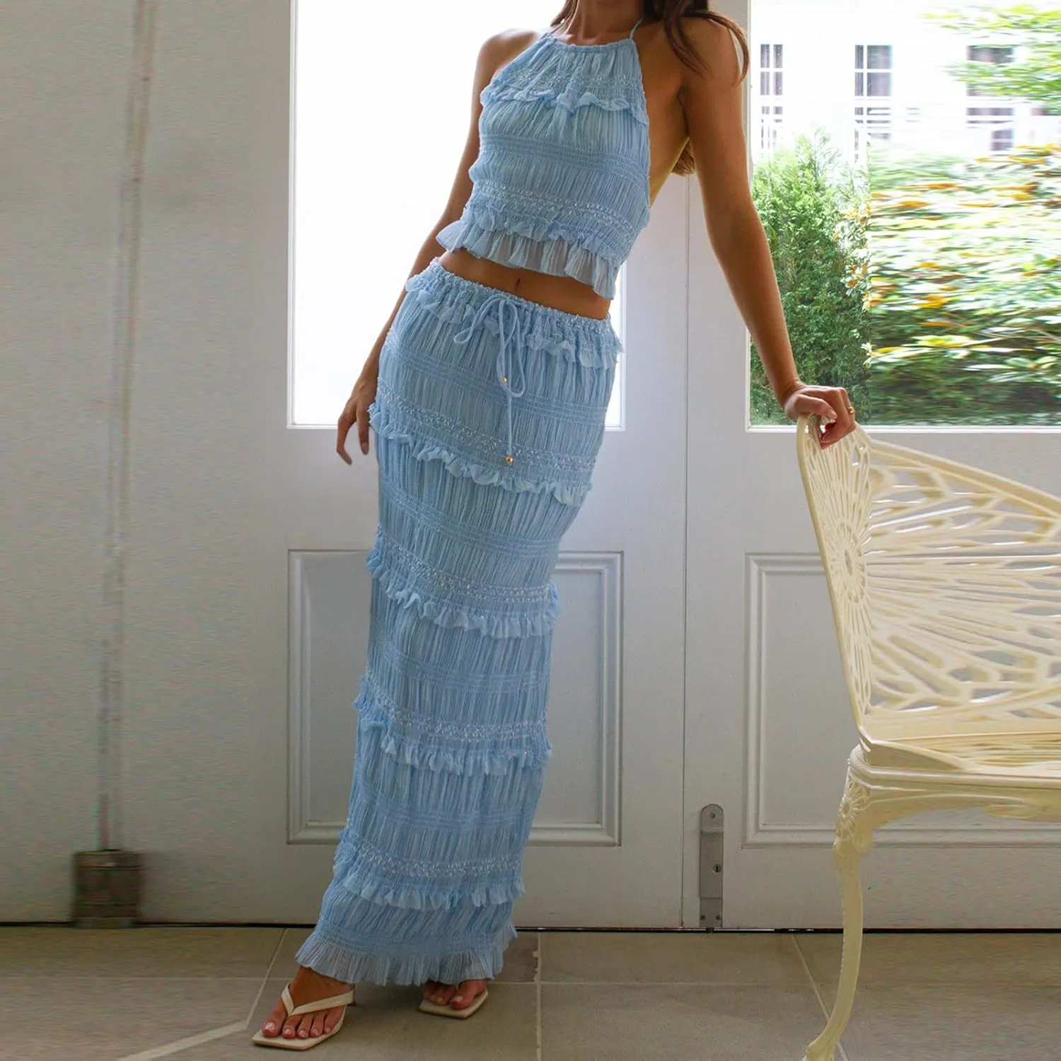 Amiblvowa Women Y2k 2 Piece Maxi Skirt Set Backless Smocked Lace Halter Crop Top Tiered Flowy Long Skirt Beach Clubwear