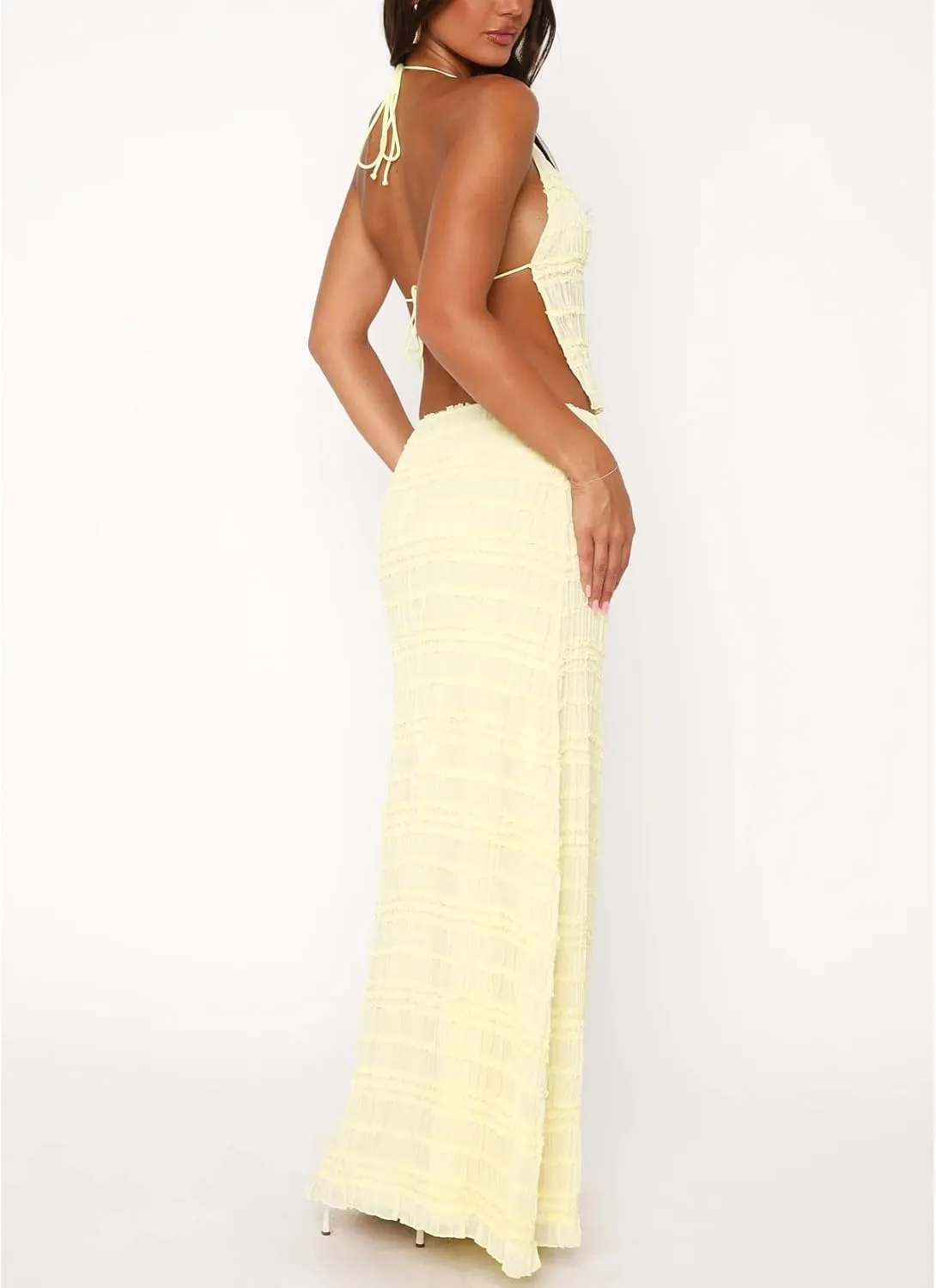 Amiblvowa Women Y2k 2 Piece Maxi Skirt Set Backless Smocked Lace Halter Crop Top Tiered Flowy Long Skirt Club Streetwear