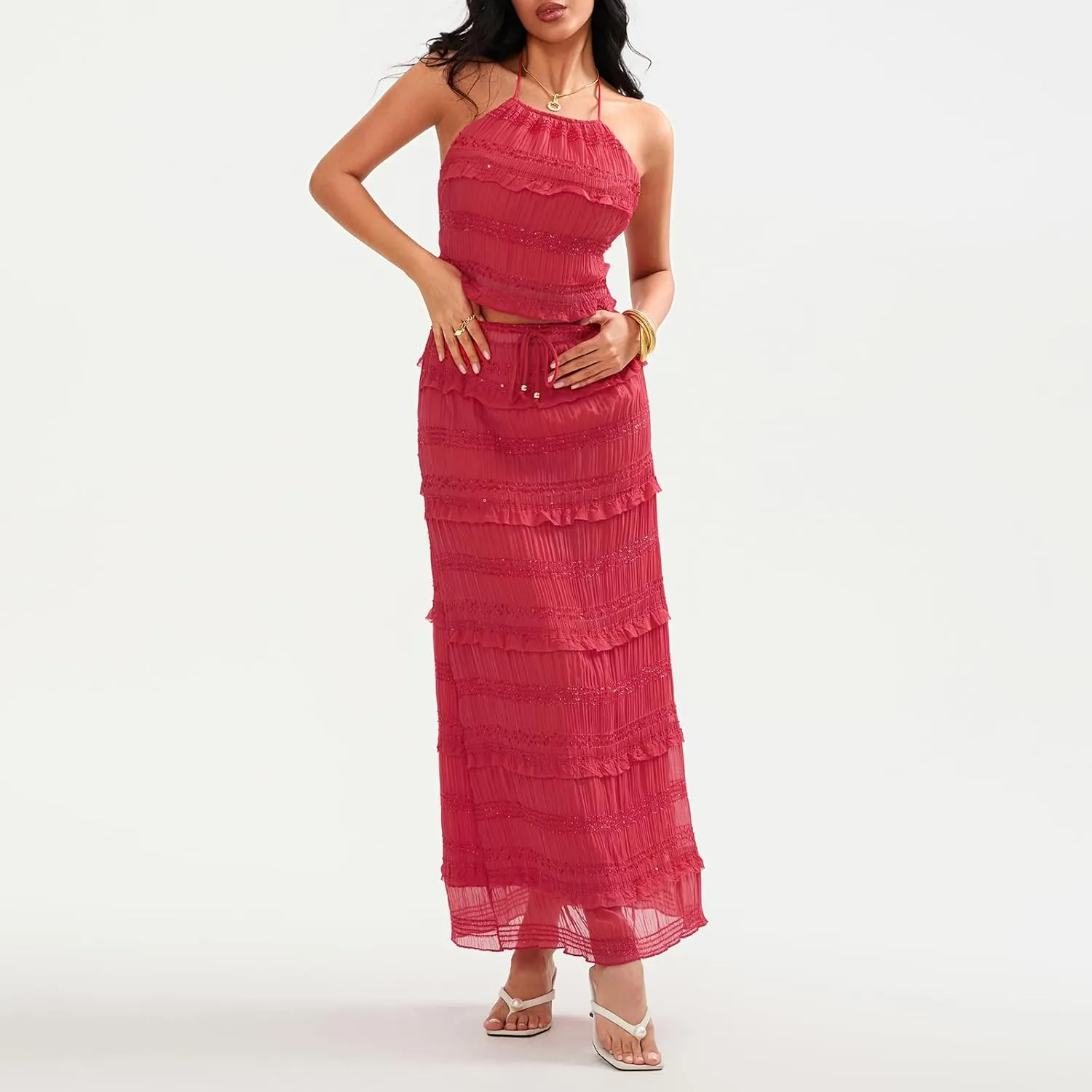 Amiblvowa Women Y2k 2 Piece Maxi Skirt Set Backless Smocked Lace Halter Crop Top Tiered Flowy Long Skirt Club Streetwear