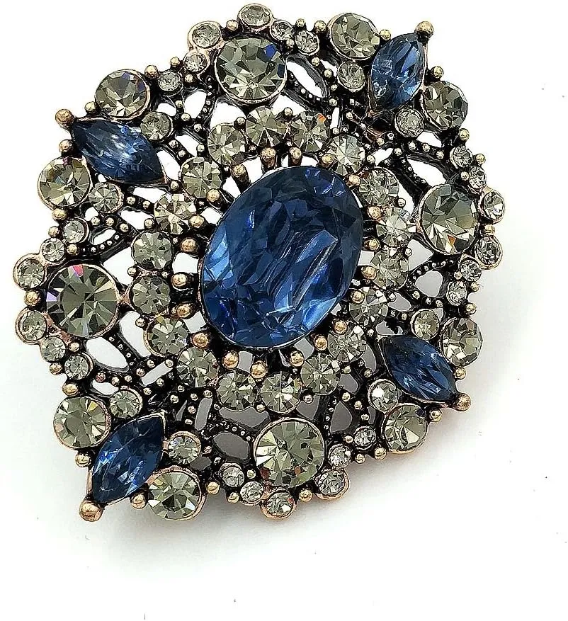 Antique Gold Tone Geometric Foliate Filigree Art Deco Blue Oval Shaped Brooch (Blue)