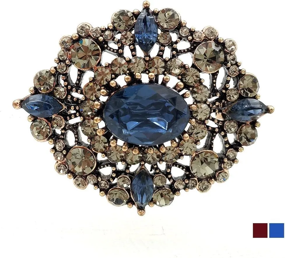 Antique Gold Tone Geometric Foliate Filigree Art Deco Blue Oval Shaped Brooch (Blue)