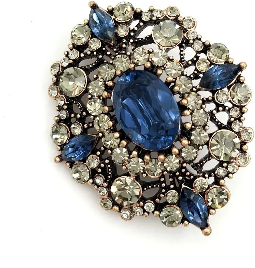 Antique Gold Tone Geometric Foliate Filigree Art Deco Blue Oval Shaped Brooch (Blue)