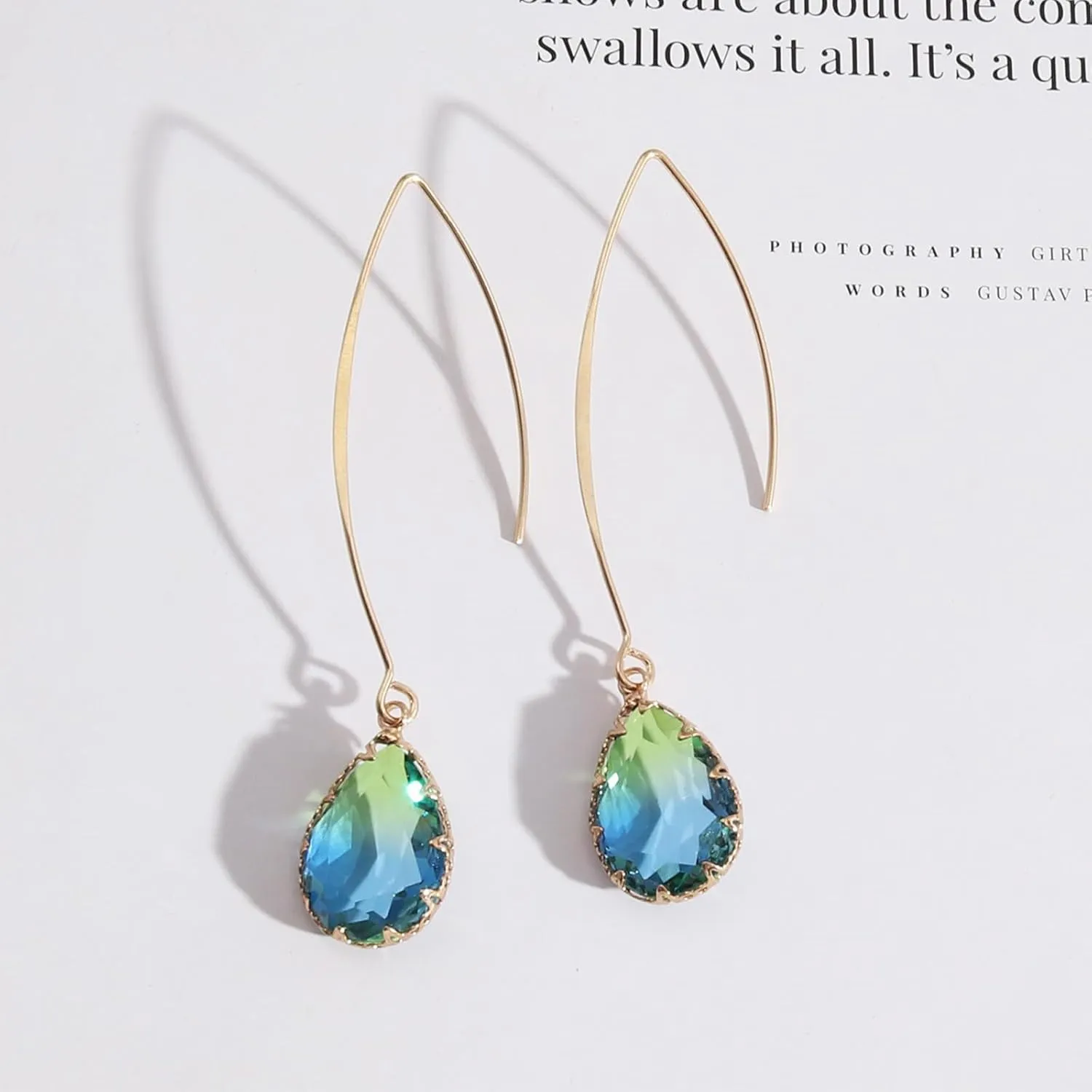 Aquamarine Green Gradient Quartz Teardrop Earrings Gold Plated Transmittance Quartz Drop Dangle Earring For Women Girls Personalized Handmade Jewelry Earrings Gift (Aquamarine Green)