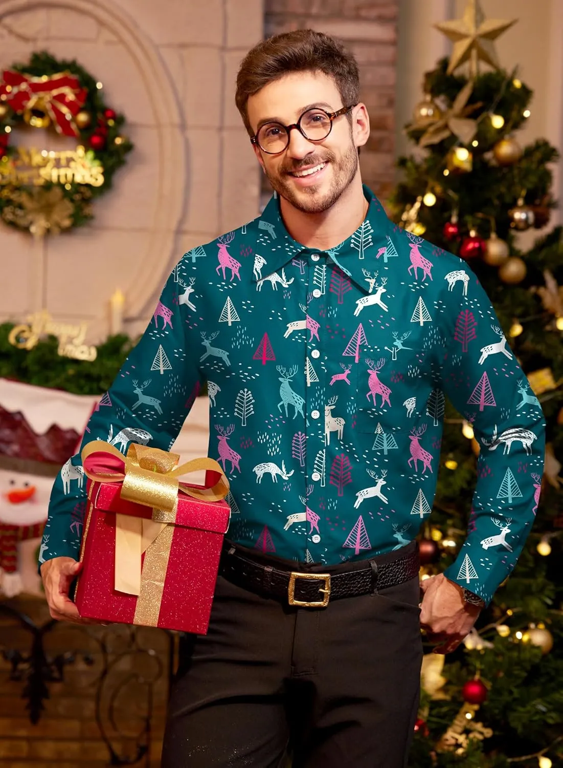 Arvilhill Men's Christmas Button Shirts Long Sleeve Ugly Xmas Shirts (S-3XL)
