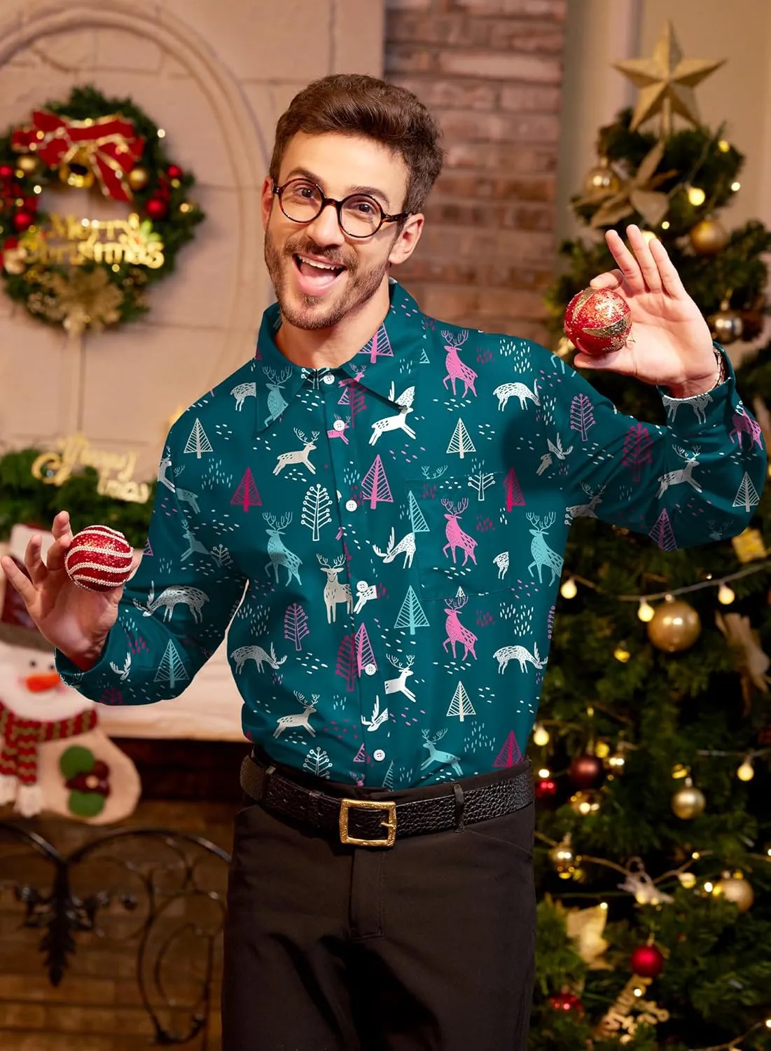 Arvilhill Men's Christmas Button Shirts Long Sleeve Ugly Xmas Shirts (S-3XL)
