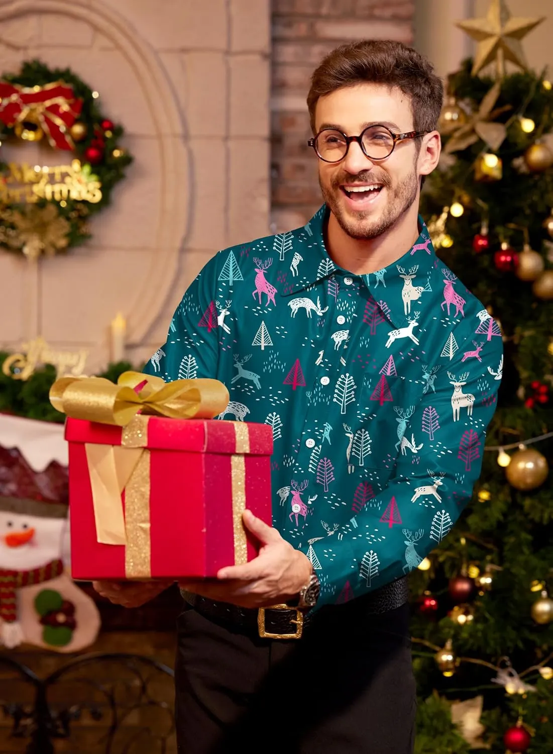 Arvilhill Men's Christmas Button Shirts Long Sleeve Ugly Xmas Shirts (S-3XL)