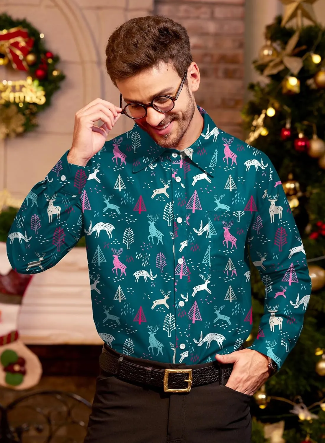 Arvilhill Men's Christmas Button Shirts Long Sleeve Ugly Xmas Shirts (S-3XL)