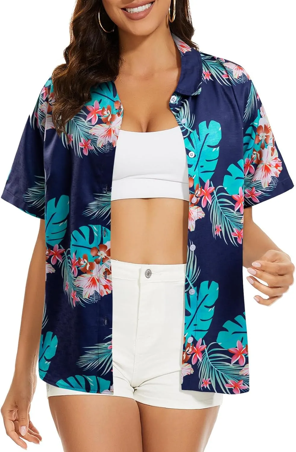 ASTANFY Hawaiian Shirt Women Hawaii T-Shirt Tropical Floral Printed V Neck Shirts Soft Cool Summer Beach Button Up Blouse