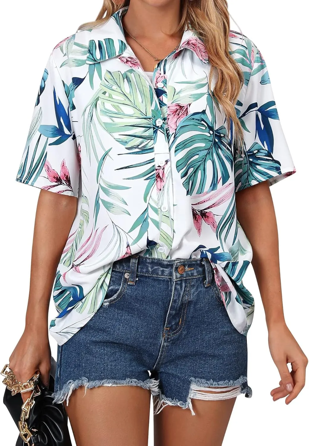 ASTANFY Hawaiian Shirt Women Hawaii T-Shirt Tropical Floral Printed V Neck Shirts Soft Cool Summer Beach Button Up Blouse