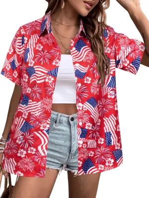 ASTANFY Hawaiian Shirt Women Hawaii T-Shirt Tropical Floral Printed V Neck Shirts Soft Cool Summer Beach Button Up Blouse