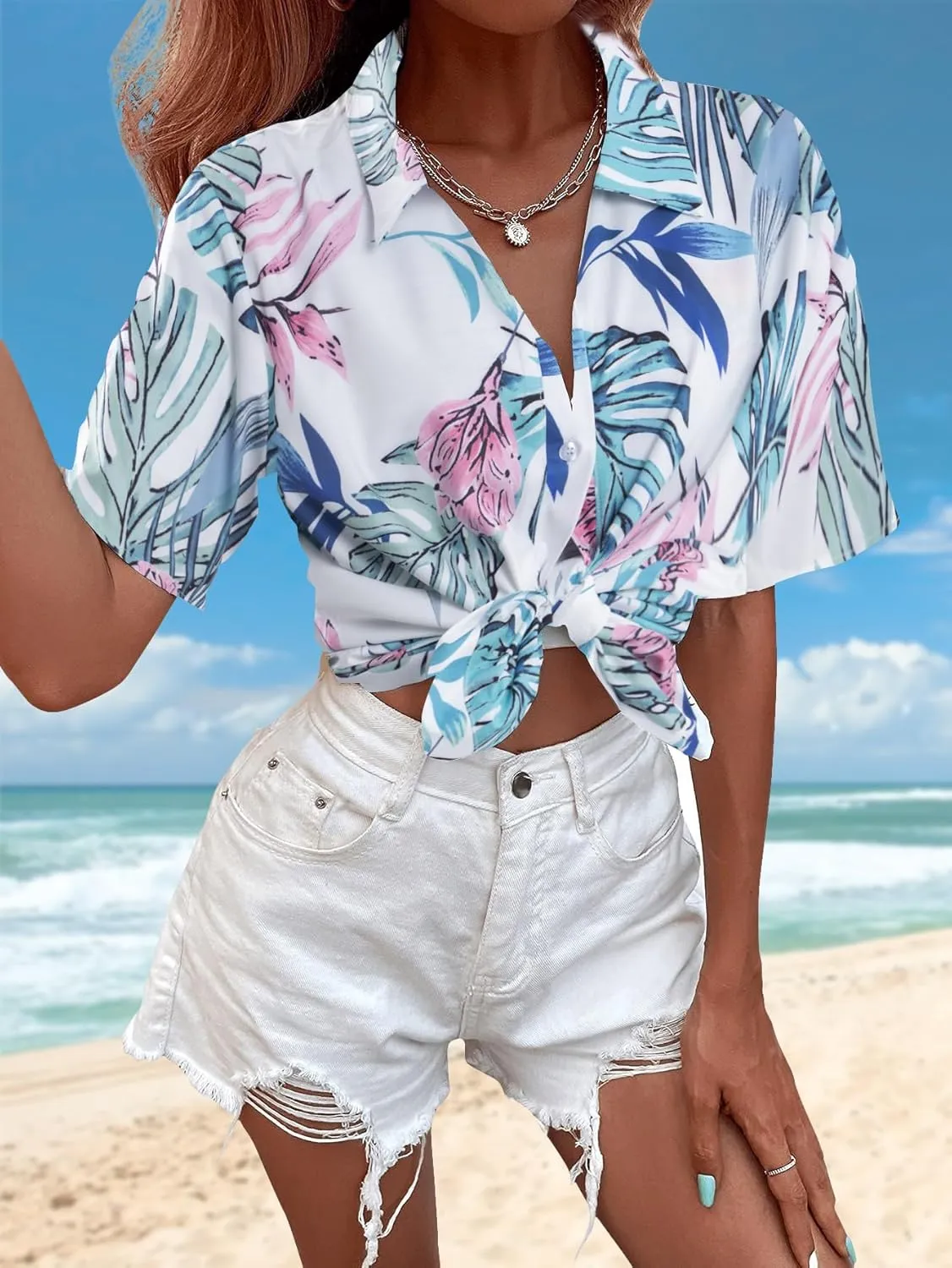 ASTANFY Hawaiian Shirt Women Hawaii T-Shirt Tropical Floral Printed V Neck Shirts Soft Cool Summer Beach Button Up Blouse
