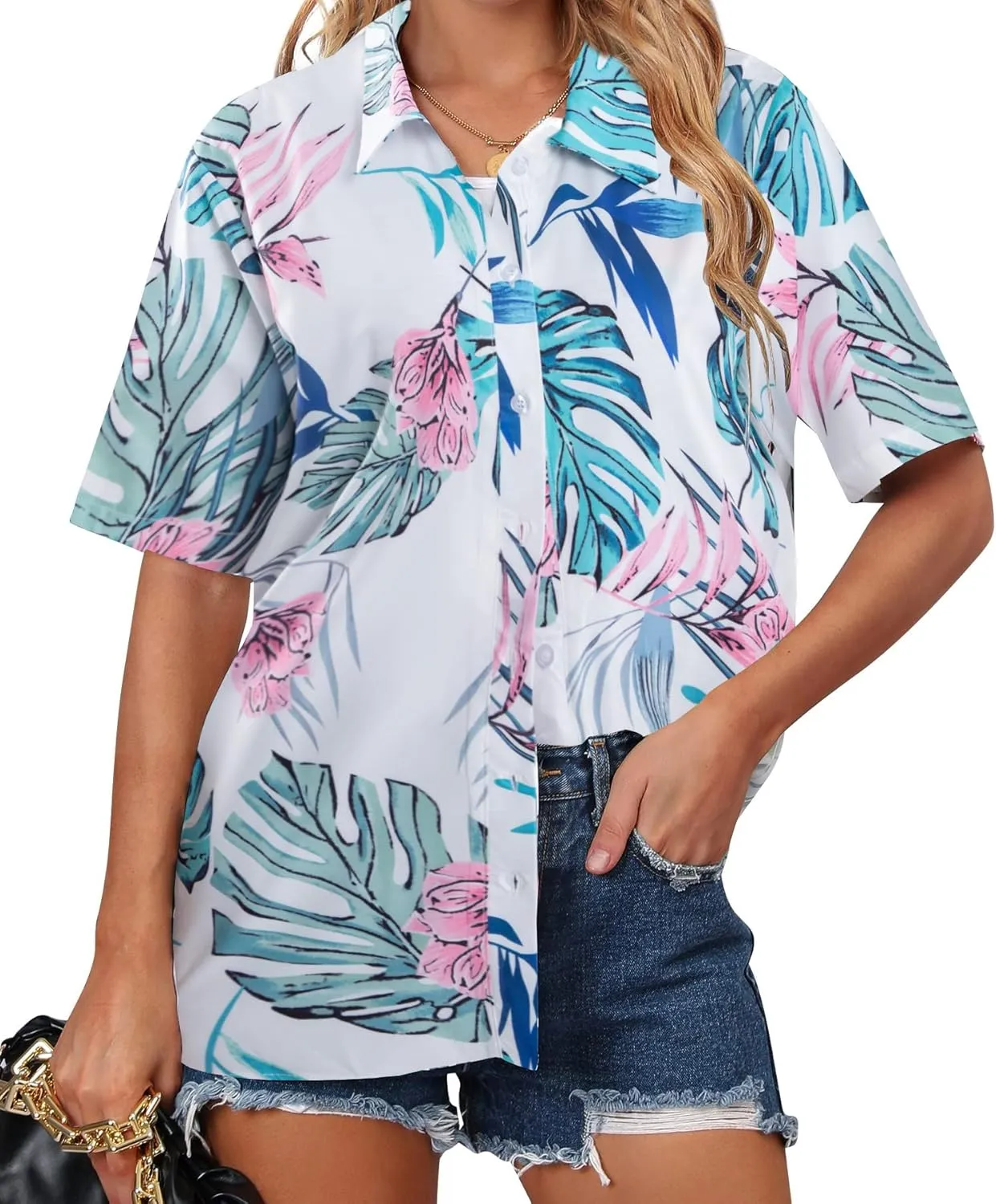 ASTANFY Hawaiian Shirt Women Hawaii T-Shirt Tropical Floral Printed V Neck Shirts Soft Cool Summer Beach Button Up Blouse