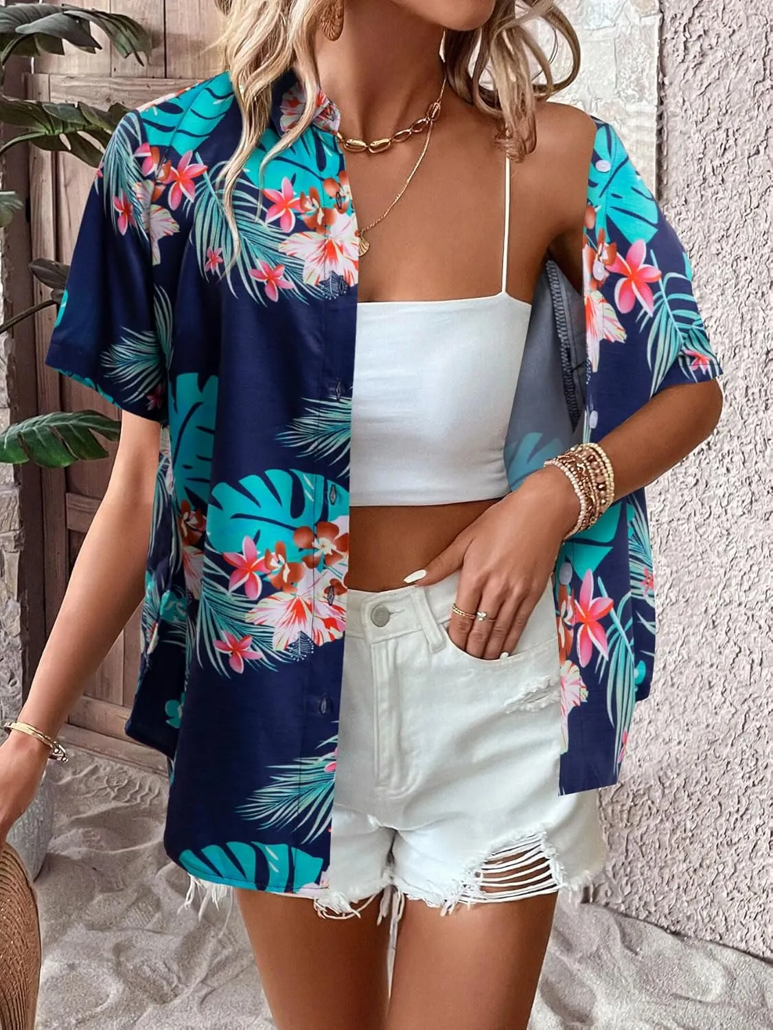 ASTANFY Hawaiian Shirt Women Hawaii T-Shirt Tropical Floral Printed V Neck Shirts Soft Cool Summer Beach Button Up Blouse