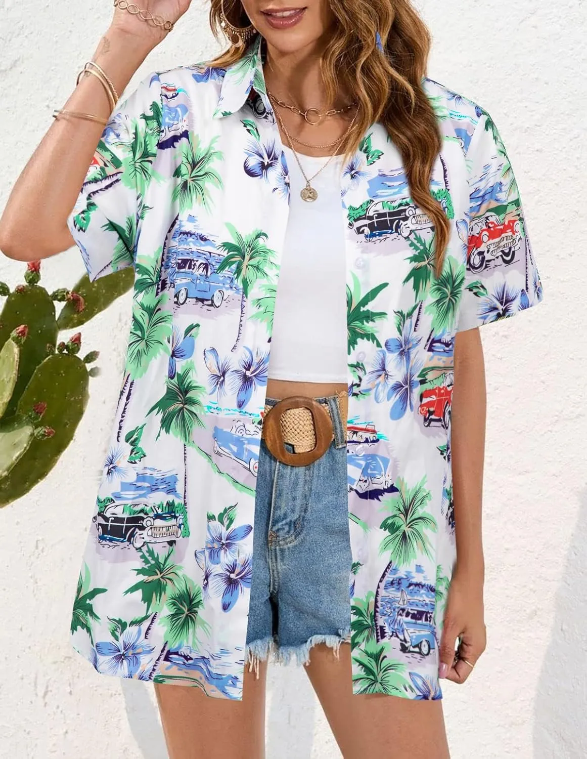 ASTANFY Hawaiian Shirt Women Hawaii T-Shirt Tropical Floral Printed V Neck Shirts Soft Cool Summer Beach Button Up Blouse