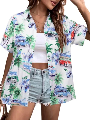 ASTANFY Hawaiian Shirt Women Hawaii T-Shirt Tropical Floral Printed V Neck Shirts Soft Cool Summer Beach Button Up Blouse