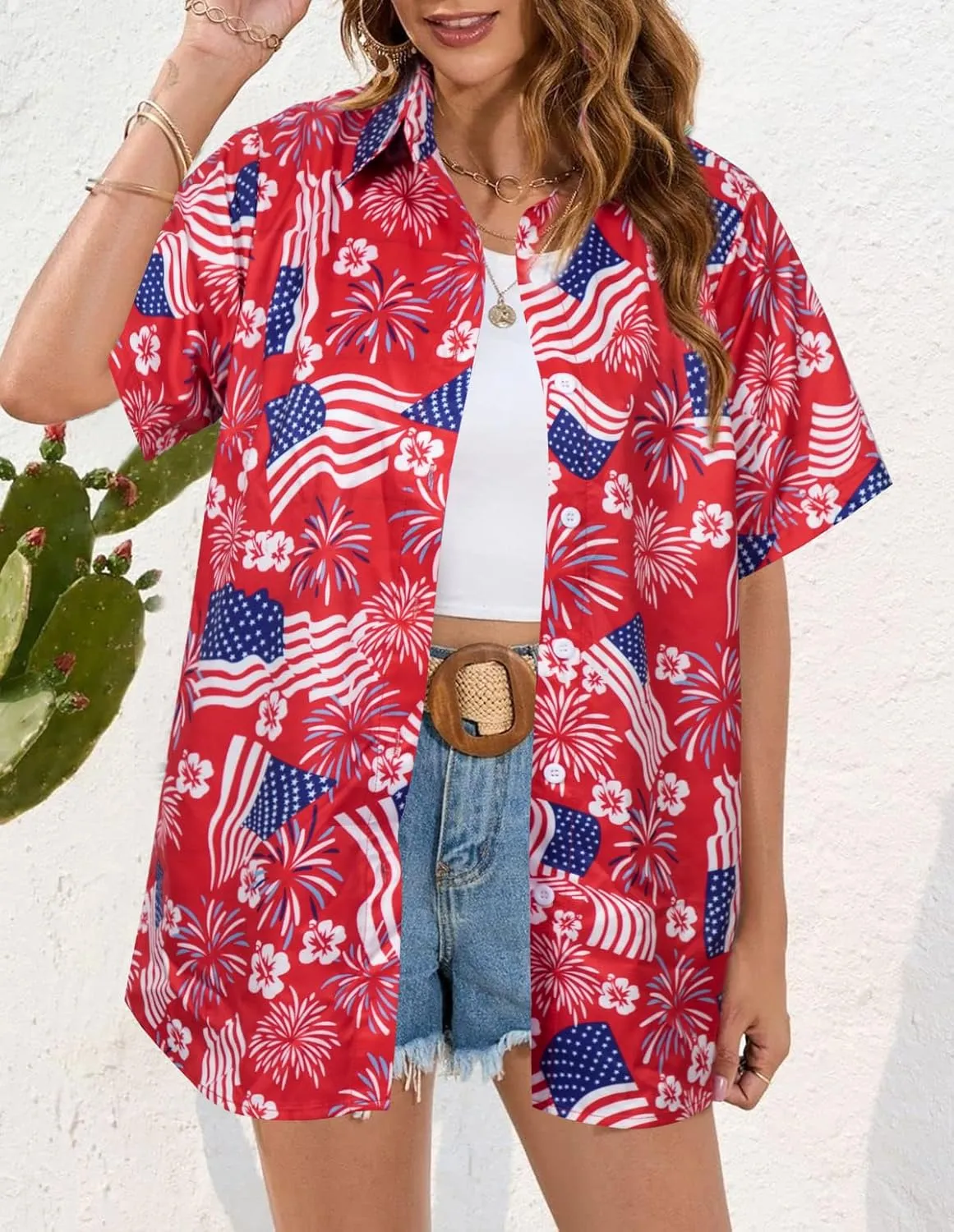 ASTANFY Hawaiian Shirt Women Hawaii T-Shirt Tropical Floral Printed V Neck Shirts Soft Cool Summer Beach Button Up Blouse