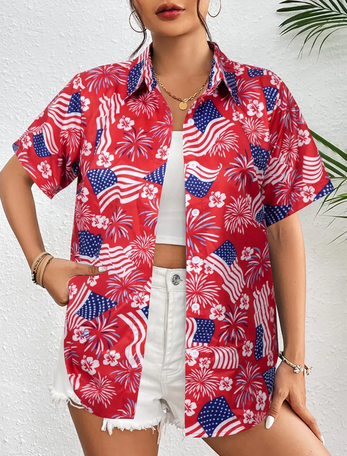 ASTANFY Hawaiian Shirt Women Hawaii T-Shirt Tropical Floral Printed V Neck Shirts Soft Cool Summer Beach Button Up Blouse