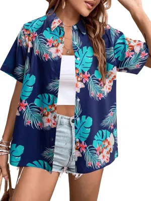 ASTANFY Hawaiian Shirt Women Hawaii T-Shirt Tropical Floral Printed V Neck Shirts Soft Cool Summer Beach Button Up Blouse