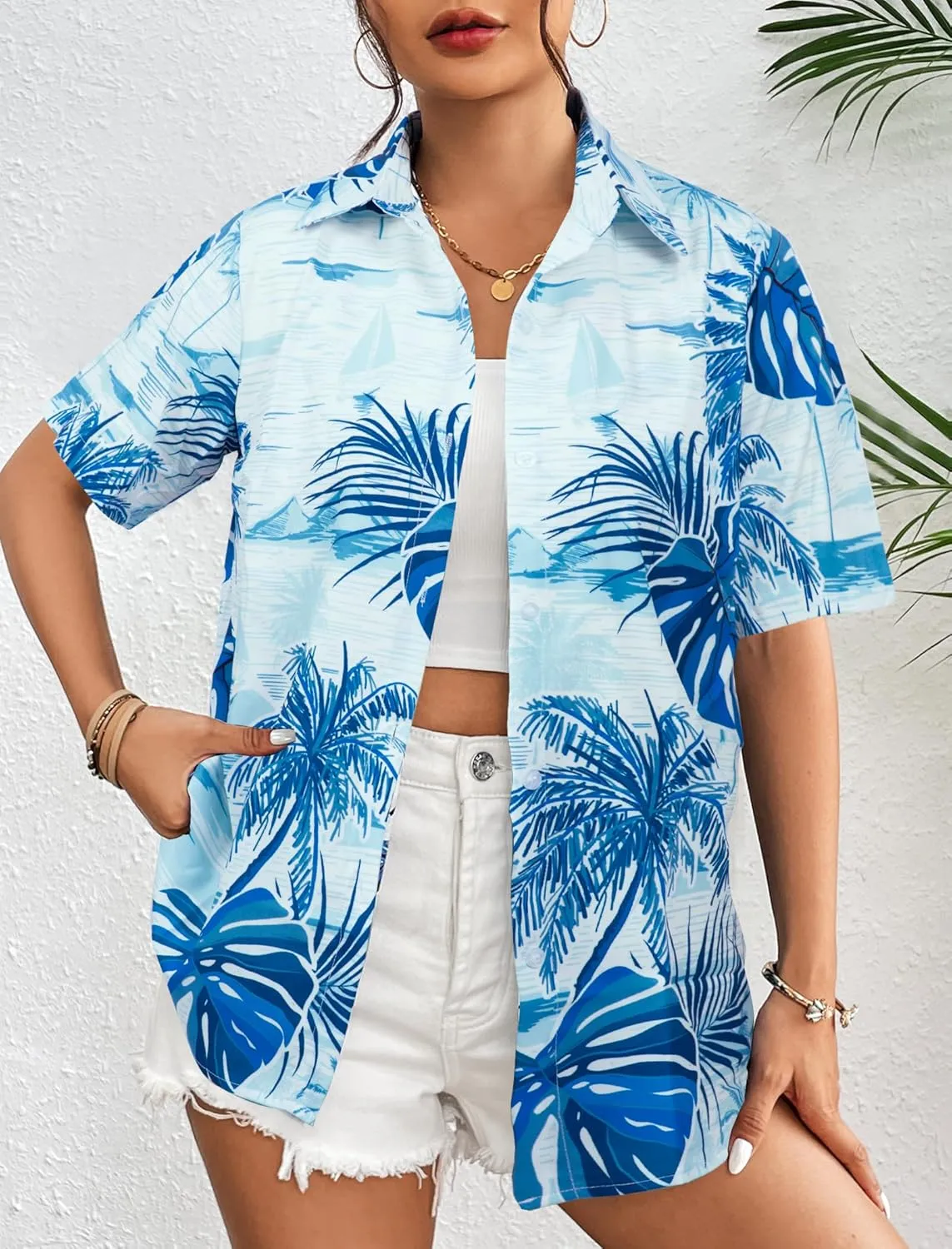 ASTANFY Hawaiian Shirt Women Hawaii T-Shirt Tropical Floral Printed V Neck Shirts Soft Cool Summer Beach Button Up Blouse