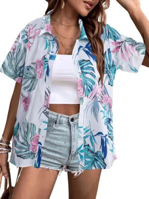 ASTANFY Hawaiian Shirt Women Hawaii T-Shirt Tropical Floral Printed V Neck Shirts Soft Cool Summer Beach Button Up Blouse